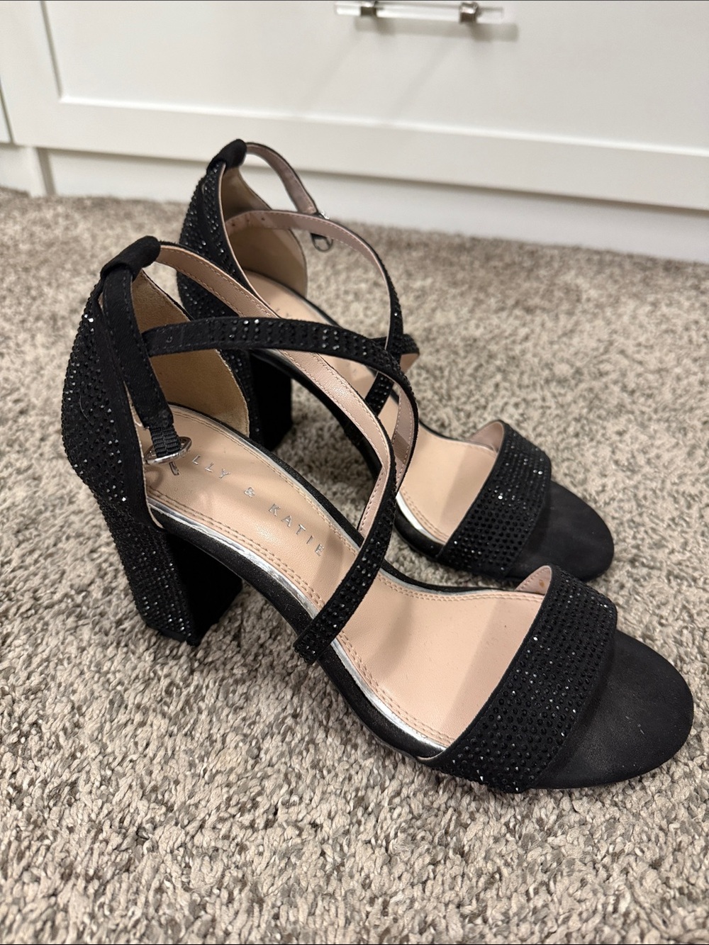 Kelly & Katie Black Crystal-Strap Block Heels